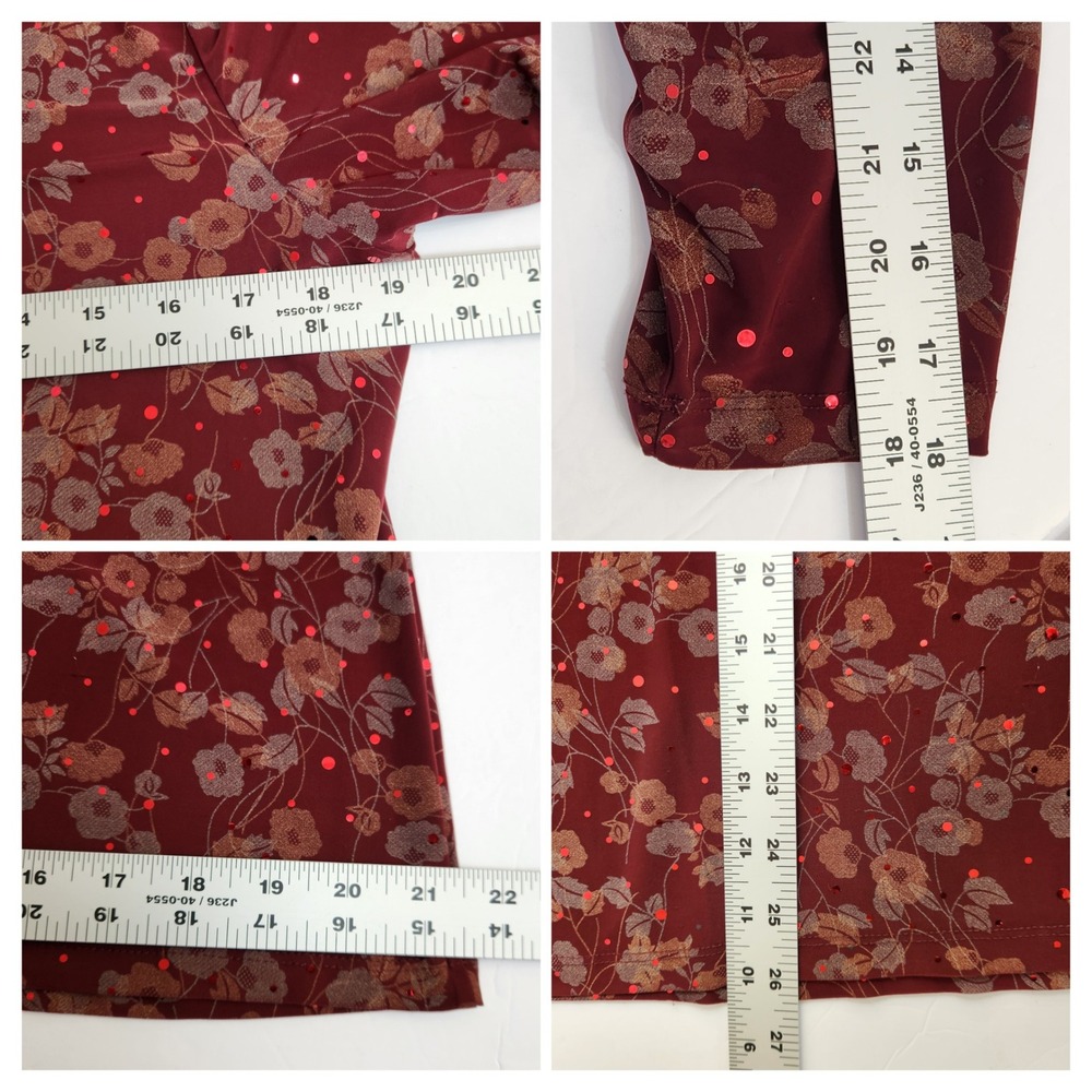 Susan Graver Burgundy Floral 3/4 Sleeve Sequin Top Size Medium Fall Autumn Shirt - Picture 6 of 8